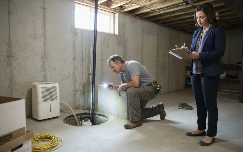 A real estate agent and home inspector examine a basement wall for water stains during a pre-listing inspection