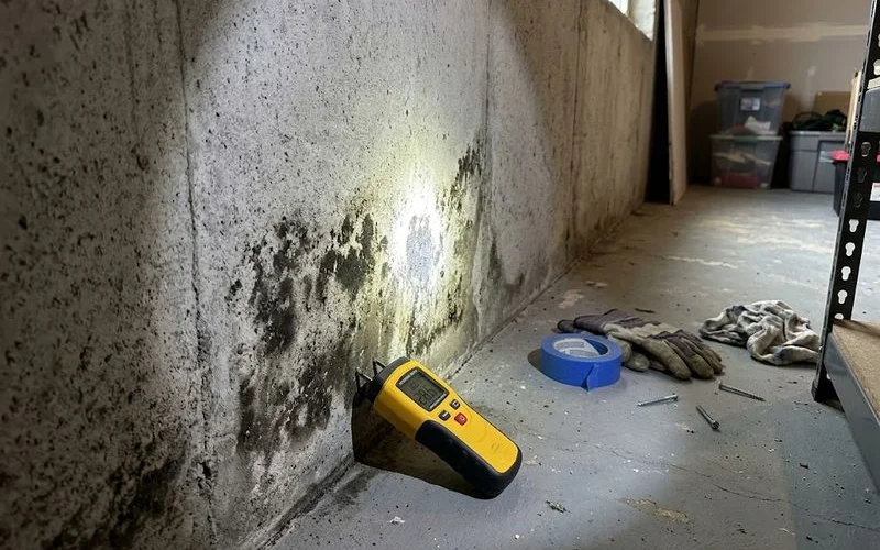 Visible efflorescence and dark mold spots on a damp basement concrete wall near the floor joint