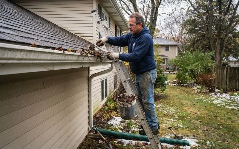 A homeowner clears leaves and debris from a downspout and gutter system on a house exterior before spring thaw