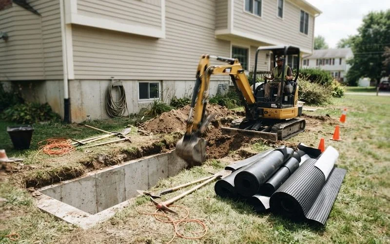 A contractor's excavator digs along a foundation wall exposing the footing for exterior waterproofing membrane installation