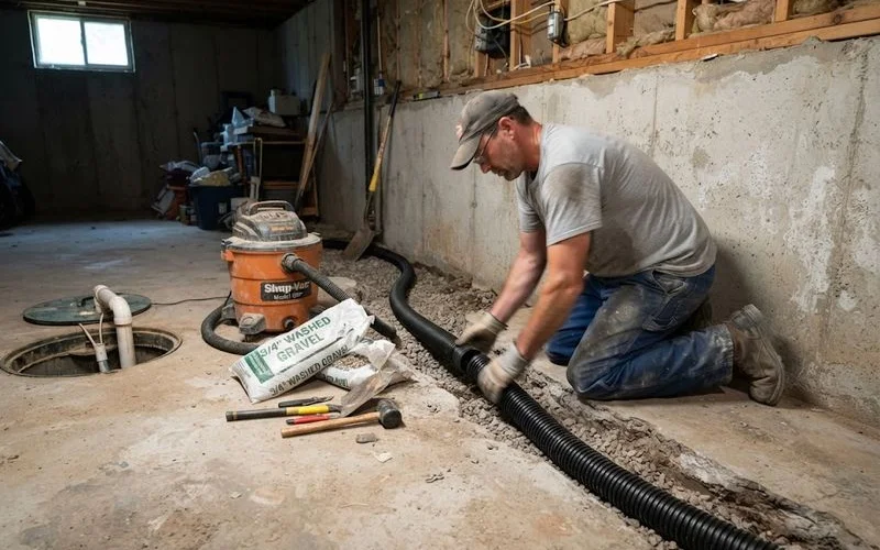 A finished basement interior perimeter drain channel with new concrete patch ready for a sump pump connection