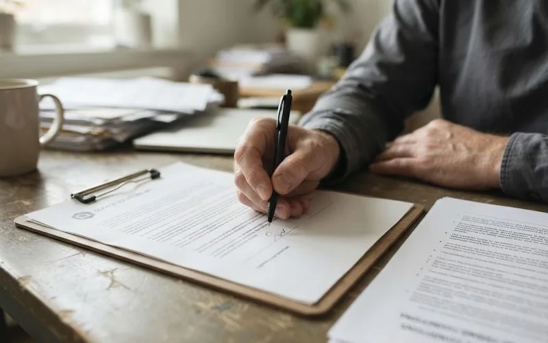 A homeowner and contractor review a written warranty document together after a basement waterproofing job