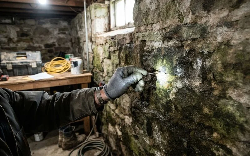 An exposed stone foundation wall on an older Rock County farmhouse showing mortar joints being inspected before waterproofing work